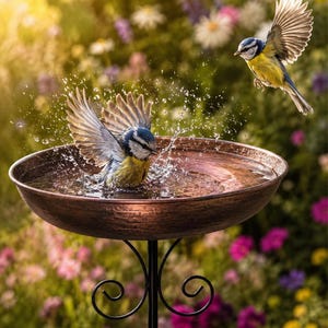 Puede incluir: Un cuenco de metal color cobre para baño de aves montado sobre un soporte de metal negro con detalles de volutas. Dos herrerillos comunes con plumaje azul y amarillo están presentes, uno salpicando agua y otro volando sobre el borde.