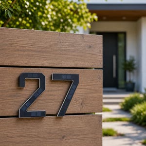 Könnte beinhalten: Ein Hausnummernschild mit den Ziffern 27 in dunkler, matter Ausführung mit integrierten Solarzellen. Die Zahlen sind auf einem horizontalen Holzzaun mit sichtbarer Maserung montiert, was einen Kontrast zu dem dunklen Metall erzeugt.