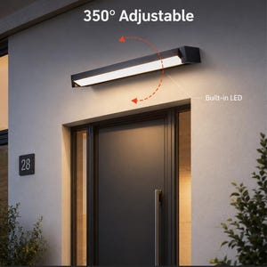May include: A black rectangular outdoor wall light fixture with a built-in LED light source. The fixture features 350-degree adjustability, IP65 waterproof rating, heat resistance, frost resistance, and a durable construction for long-lasting use.