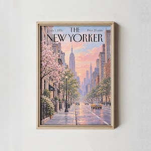 Sztuka ścienna „Nowojorska wiosna”, wydruk z kwitnącą wiśnią w Nowym Jorku, plakat z Empire State Building, wystrój Manhattanu, wersja fizyczna lub cyfrowa