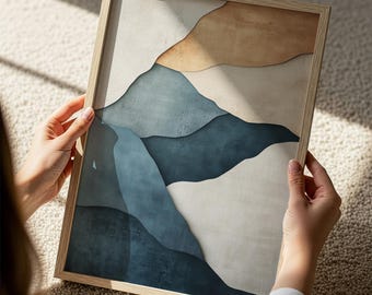 Patina Blue Abstract Wall Art, Neutral Modern Poster, Beige Blue Organic Shapes Print, Digital Download
