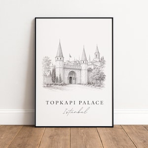 Topkapi Palace Poster, Istanbul Architecture Wall Art, Ottoman Landmark Pencil Sketch, Turkey Travel Print, Minimalist Digital Download