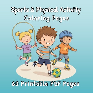 Puede incluir: Sports & Physical Activity Coloring Pages 60 Printable PDF Pages. Una ilustración de tres niños jugando: uno saltando la cuerda, otro corriendo con un balón de fútbol y otro patinando con un casco azul y una sudadera con capucha naranja.
