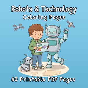 Robots y tecnología, libro para colorear PDF para niños, 60 dibujos para imprimir, máquinas y vehículos espaciales