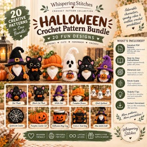 Op de afbeelding: Een Halloween haakpatronenbundel van Whispering Stitches met 20 creatieve ontwerpen. De afbeelding toont diverse gehaakte items, waaronder kabouters, een zwarte kat, een spook, een pompoen, een spinnenweb onderzetter en een snoepzakje.
