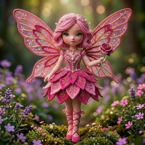 May include: A handcrafted crochet fairy doll with pink hair, a leaf-shaped dress, and large, detailed wings. The doll holds a rose and is adorned with a delicate crown and necklace. The fairy is standing in a garden setting with flowers.