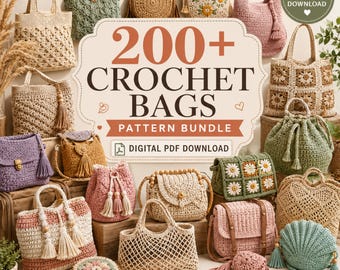 Pacchetto di 200 modelli per borse all'uncinetto, borsa tote all'uncinetto in PDF, modello per borsa a tracolla, borsa boho all'uncinetto, borsa a mano all'uncinetto con download immediato