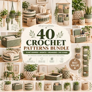 Puede incluir: Un paquete digital de 40 patrones de ganchillo para decoración del hogar, con imágenes de varios artículos hechos a mano, incluyendo colgadores de plantas, cestas, organizadores de pared y cubremacetas en tonos crema, beige y verde salvia.