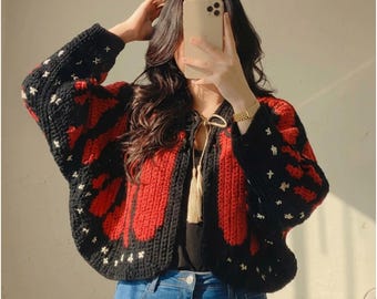 Crochet Cardigan Pattern PDF, Bold Floral Tapestry Cardigan, Women Boho Jacket, Red Black Crochet Top, Wearable Crochet, Instant Download