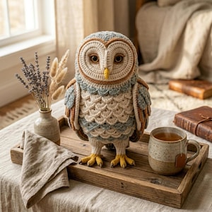 Op de afbeelding: Een handgemaakte gehaakte uilfiguur met een gedetailleerd ontwerp in crème, blauw en bruin. De uil staat op een houten dienblad met een kopje thee, een gevouwen linnen servet en een kleine vaas met gedroogde bloemen.