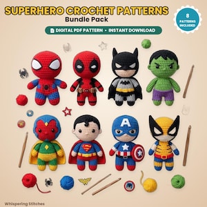 Op de afbeelding: Een digitaal pakket met 8 superhelden haakpatronen met amigurumi poppen van Spider-Man, Deadpool, Batman, Hulk, Vision, Superman, Captain America en Wolverine, vergezeld door haaknaalden, garenbollen en kleine iconen.