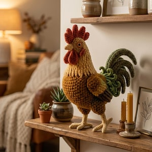 Puede incluir: Una figura de gallo de ganchillo hecha a mano en tonos marrón, beige y verde. El gallo tiene una cresta y barbillas rojas y está sobre una estantería de madera. La figura mide aproximadamente 30 cm de altura y es un objeto decorativo.