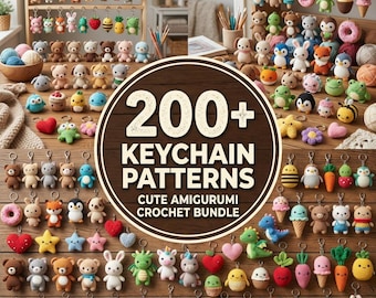 Pacchetto di oltre 200 modelli PDF per portachiavi all'uncinetto, tutorial per portachiavi amigurumi, mini animali all'uncinetto, simpatici ciondoli per borse, ideali per venditori di artigianato.