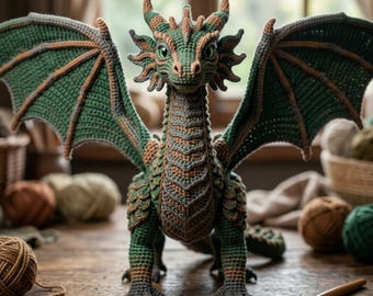 Gehaakt drakenpatroon pdf, amigurumi-draak-tutorial, fantasiedraak knuffeldier, pluche patroon gevleugelde draak, eenvoudig haken voor beginners