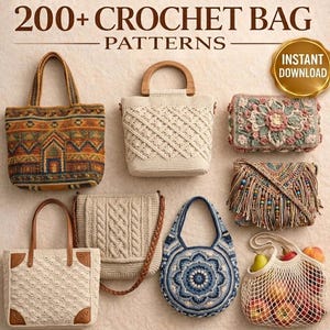 200+ Crochet Bag Patterns Bundle, Boho Tote Crossbody Clutch, Cottagecore Handbag (Instant Download)