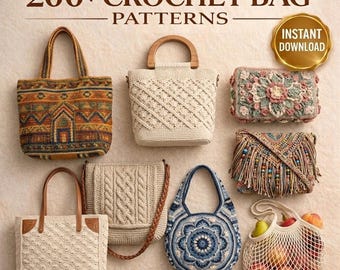 Crochet Bag Pattern Bundle, 200 Boho Bag PDF, Crochet Tote Crossbody Clutch Pattern,Cottagecore Bag Crochet,Handbag Pattern Instant Download