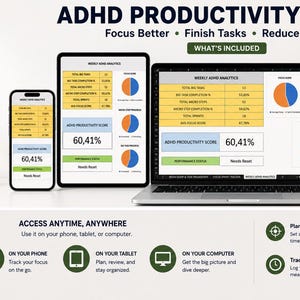 May include: An ADHD productivity system displayed on a smartphone, tablet, and laptop. The screens show data visualizations with pie charts and the text "ADHD Productivity Score 60,41%." The image includes text: "Focus Better, Finish Tasks, Reduce Overwhelm."