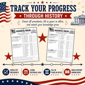 May include: A educational poster titled TRACK YOUR PROGRESS THROUGH HISTORY featuring two Presidential Timeline checklists, the White House, and the American flag. It includes sections to check off presidents, fill in years in office, and learn historical eras.