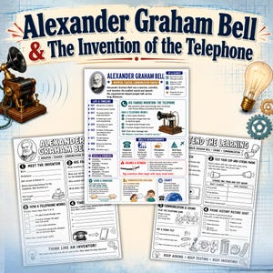 May include: An educational activity set about Alexander Graham Bell and the invention of the telephone. The pages feature text, timelines, illustrations of a vintage telephone, a lightbulb, and gears, plus interactive worksheets for students.
