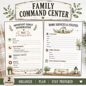 May include: A two-page printable Family Command Center set featuring a white background with green leaf accents. The first page includes sections for Important Family Information, 911, Wi-Fi, Quick Reference, Emergency Contacts, and Medical details.