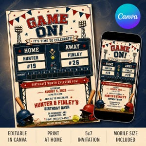 May include: A baseball-themed birthday invitation featuring a scoreboard graphic with the text GAME ON! IT'S TIME TO CELEBRATE! and BIRTHDAYS WORTH CHEERING FOR! The design includes baseball helmets, bats, and balls in red, white, and blue colors.