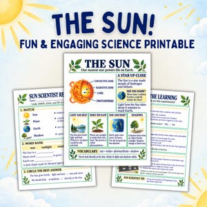 May include: A set of three educational science printable worksheets titled THE SUN. The pages feature diagrams of the sun, Earth, and plants, along with text sections covering light, heat, shadows, and vocabulary words like star and photosynthesis.