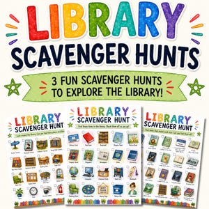 Peut inclure: Trois feuilles d'activités imprimables colorées intitulées Library Scavenger Hunts. Chaque feuille présente une grille d'objets illustrés à trouver, incluant des livres, du mobilier et du matériel de bibliothèque, avec des cases à cocher.