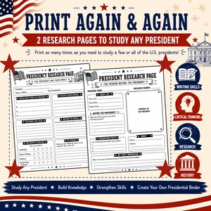 May include: Two printable U.S. presidency research pages featuring sections for president name, years in office, major accomplishments, challenges, and interesting facts. The design includes red, white, and blue stars, a flag, and a White House illustration.