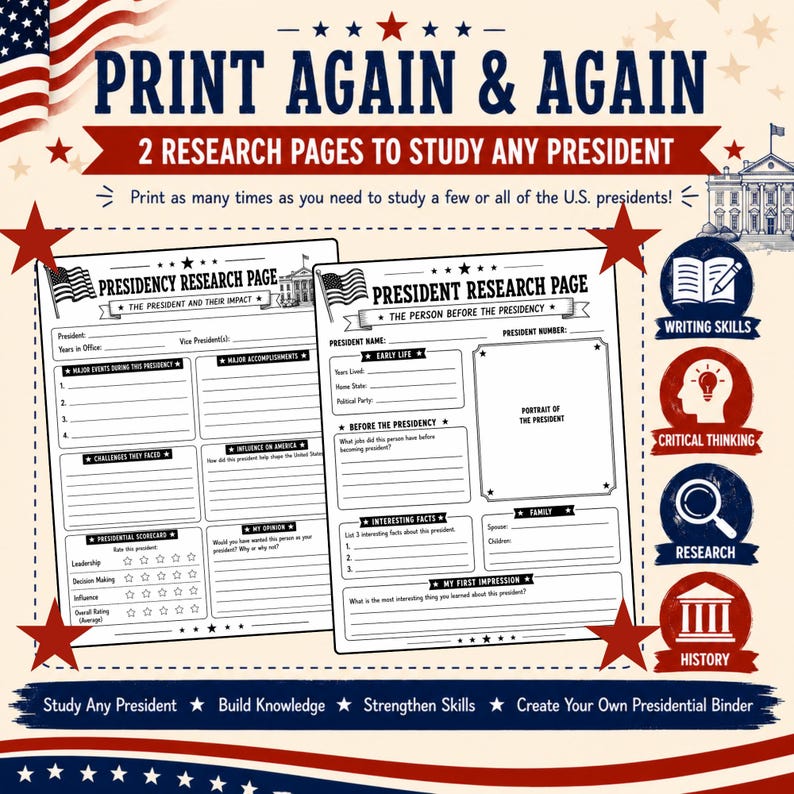 May include: Two printable U.S. presidency research pages featuring sections for president name, years in office, major accomplishments, challenges, and interesting facts. The design includes red, white, and blue stars, a flag, and a White House illustration.