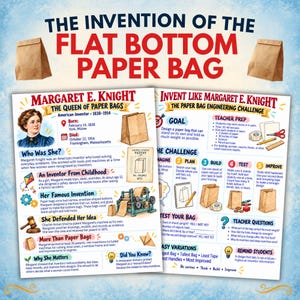 Puede incluir: Un póster educativo titulado The Invention of the Flat Bottom Paper Bag que presenta una biografía de Margaret E. Knight y un desafío de ingeniería de bolsas de papel. El póster incluye ilustraciones de bolsas, una patente y herramientas.
