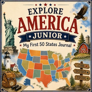 Könnte beinhalten: Ein quadratischer Journal-Einband mit dem Titel Explore America Junior My First 50 States Journal, der eine bunte Karte der USA, die Freiheitsstatue, einen Weißkopfseeadler, einen Leuchtturm, eine rote Scheune, einen Rucksack, ein Fernglas und Schilder zeigt.
