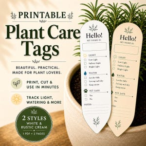 Printable Plant Care Tags | Botanical Plant Markers | Houseplant & Garden Stakes | Minimalist Labels PDF | Homestead Garden Gift
