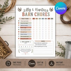 May include: A printable barn chores checklist titled Lilly & Hunter's Barn Chores, featuring a weekly task tracker for daily duties like checking the perimeter, mucking stalls, and brushing horses, with a daily success section and a notes area.