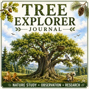 Op de afbeelding: Een vierkante journal-omslag met de titel TREE EXPLORER JOURNAL en natuurillustraties waaronder een grote eik, een eekhoorn, een vogel, een nest, eikels en dennenappels. De onderste tekst luidt NATURE STUDY • OBSERVATION • RESEARCH.