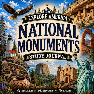 May include: A study journal cover titled Explore America National Monuments featuring a bald eagle, a lighthouse, cliff dwellings, a natural stone arch, petroglyphs, a pottery bowl, a rock formation, a mission church, and the Statue of Liberty.