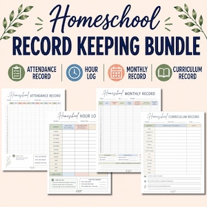May include: A homeschool record keeping bundle featuring four printable documents: an attendance record, an hour log, a monthly record, and a curriculum record. Each page includes headers, tables, and sections for tracking student progress and school data.