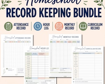 May include: A homeschool record keeping bundle featuring four printable documents: an attendance record, an hour log, a monthly record, and a curriculum record. Each page includes headers, tables, and sections for tracking student progress and school data.