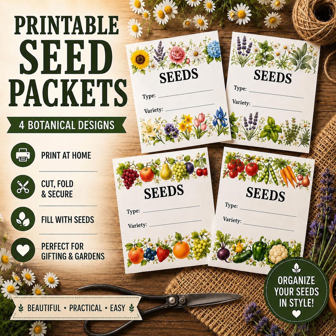 Printable Seed Packet Template Set | Garden Seed Envelopes | Botanical ...