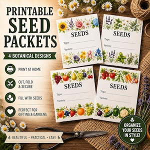 May include: Four white rectangular paper seed packets featuring botanical illustrations of flowers, fruits, and vegetables. Each packet has the word SEEDS printed in black, with blank lines for Type and Variety. The designs include colourful floral arrangements and garden produce like tomatoes, carrots, and grapes.
