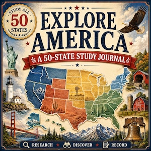 May include: A study journal titled Explore America A 50-State Study Journal featuring a map of the United States divided into colored regions. The cover includes illustrations of the Statue of Liberty, a bald eagle, a bridge, and a bell.