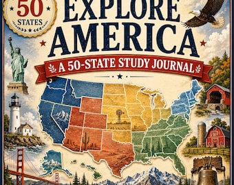 May include: A study journal titled Explore America A 50-State Study Journal featuring a map of the United States divided into colored regions. The cover includes illustrations of the Statue of Liberty, a bald eagle, a bridge, and a bell.