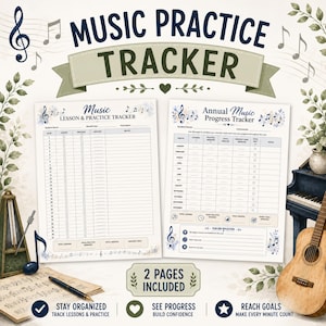 May include: A two-page music practice tracker set featuring a lesson and practice log and an annual progress tracker. The pages include columns for dates, lessons, practice sessions, minutes, and notes, decorated with musical notes and floral accents.