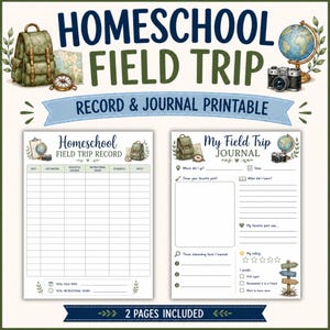 Può includere: Un set stampabile di registro e diario per gite scolastiche composto da due pagine con illustrazioni di zaino, mappamondo, fotocamera e mappa. Il testo riporta HOMESCHOOL FIELD TRIP RECORD & JOURNAL PRINTABLE, 2 PAGES INCLUDED e vari campi di testo.