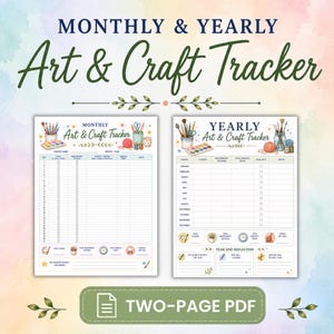 Könnte beinhalten: Ein zweiseitiger PDF-Digital-Download mit dem Titel Monthly & Yearly Art & Craft Tracker. Die Blätter enthalten Spalten zur Erfassung von Daten, Kursen, unabhängigen Sitzungen, Medien, Zeitaufwand und Notizen, ergänzt durch Aquarellillustrationen.