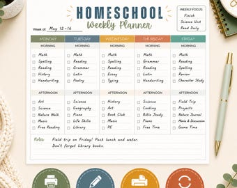 May include: A white homeschool weekly planner sheet with a grid for Monday through Friday, divided into morning and afternoon sections with checkboxes. The header reads Homeschool Weekly Planner and includes a weekly focus box and notes section.