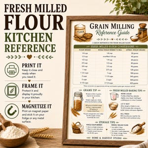 May include: A framed kitchen reference guide titled Grain Milling Reference Guide featuring conversion charts for fresh milled flour, baking tips, and storage advice. The poster includes illustrations of flour sacks, grain mills, and wheat stalks on a cream background.