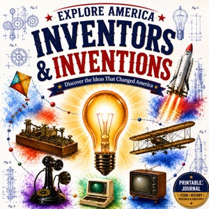 May include: A poster titled EXPLORE AMERICA INVENTORS & INVENTIONS featuring a central glowing light bulb surrounded by illustrations of a kite, a telegraph, a rocket, a biplane, a vintage telephone, a computer, and a television with technical diagrams.