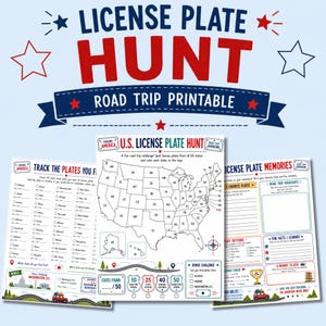 May include: A set of three printable road trip activity sheets titled License Plate Hunt. The pages feature a U.S. map for tracking states, a checklist for license plates, and a section for recording road trip memories, highlights, and fun facts.
