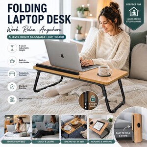 Puede incluir: Un escritorio plegable para portátil con superficie de madera clara y patas de metal negro. Incluye un portavasos integrado, un borde negro y ajuste de altura de 5 niveles. El escritorio es portátil, plegable y apto para camas o sofás.