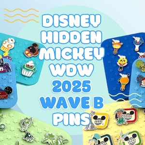 May include: A collection of Disney Hidden Mickey WDW 2025 Wave B pins displayed on various colored foam boards. The pins feature diverse character designs, including icons, animals, and food items, with the text DISNEY HIDDEN MICKEY WDW 2025 WAVE B PINS.